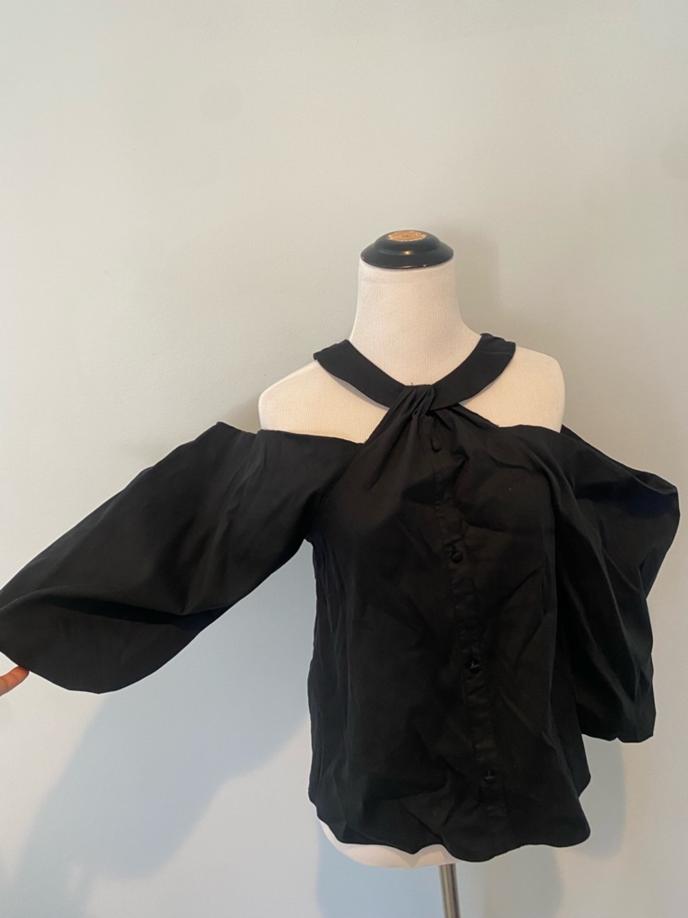 INC International Concepts Black Cold-Shoulder Tie Halter Blouse - Picture 2 of 4